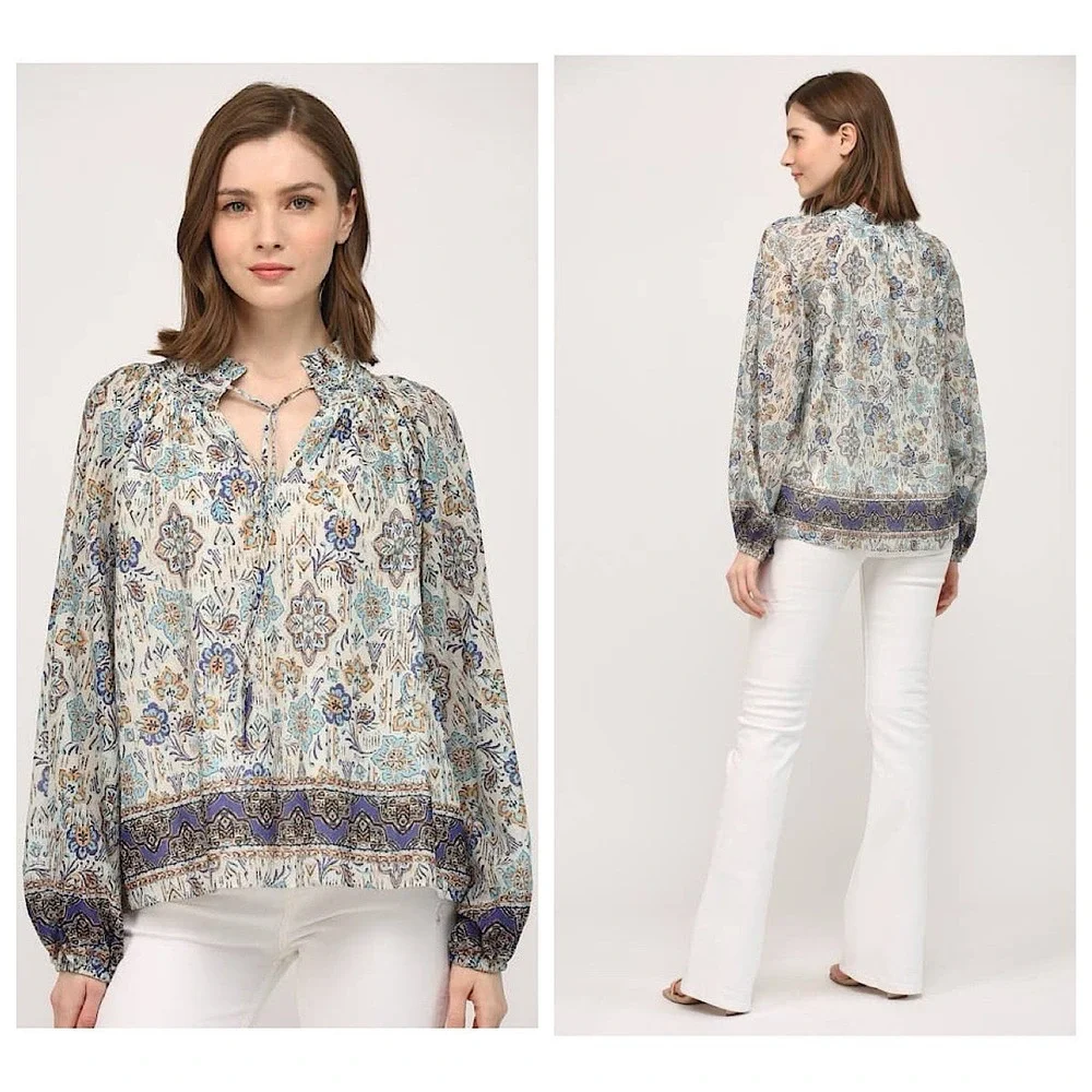 Fate Border‎ Print Tie Neck Peasant Blouse Womens Sz L Long Sleeve Cotton Voile